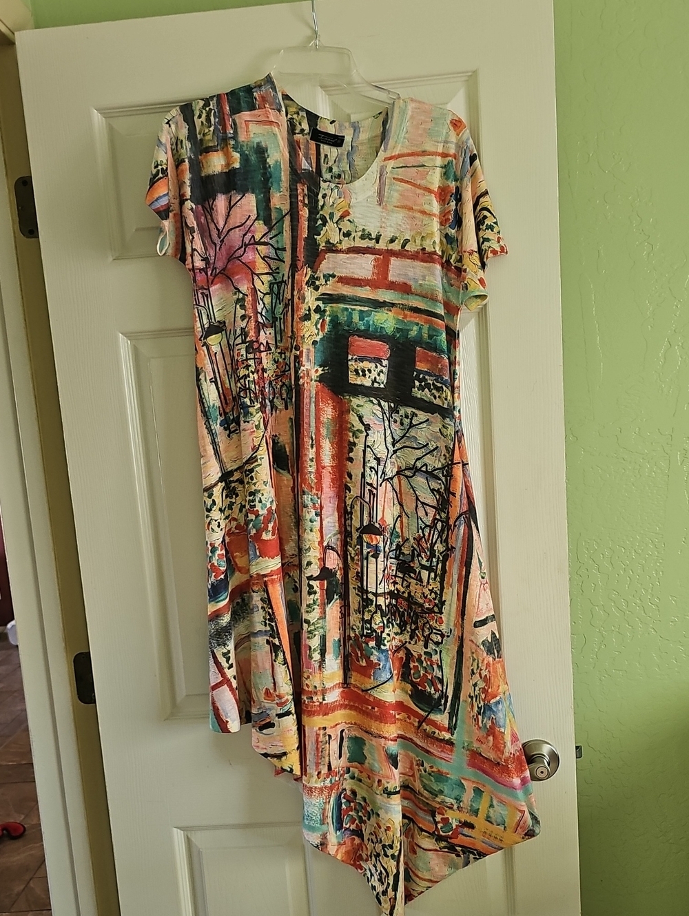 Abstract Print Short-Sleeve Asymmetric Dress - Multicolor
